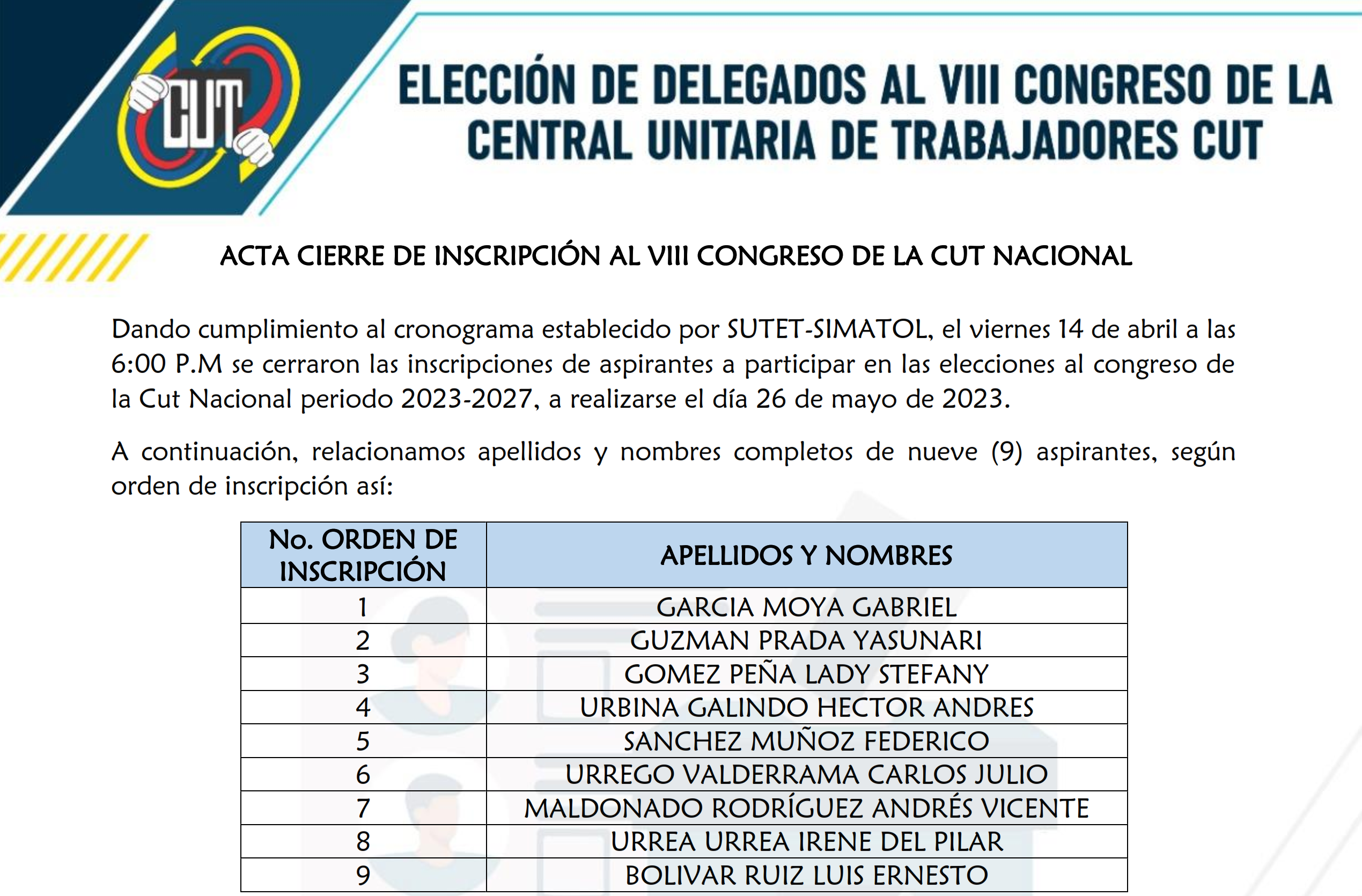 Acta cierre de inscripción al VIII congreso de la CUT Nacional – abril 14 de 2023
