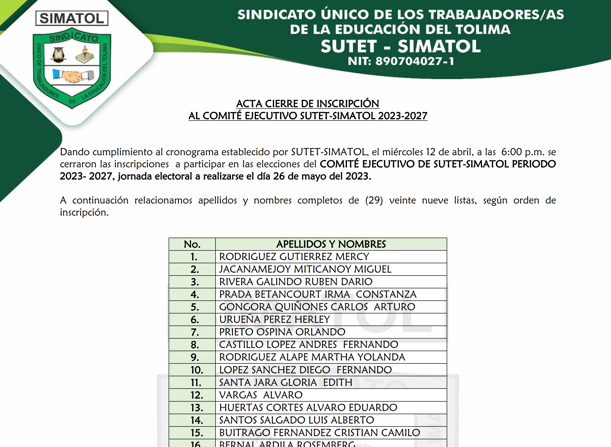 Acta cierre de inscripción Comité Ejecutivo de SUTET – SIMATOL, abril 12 de 2023
