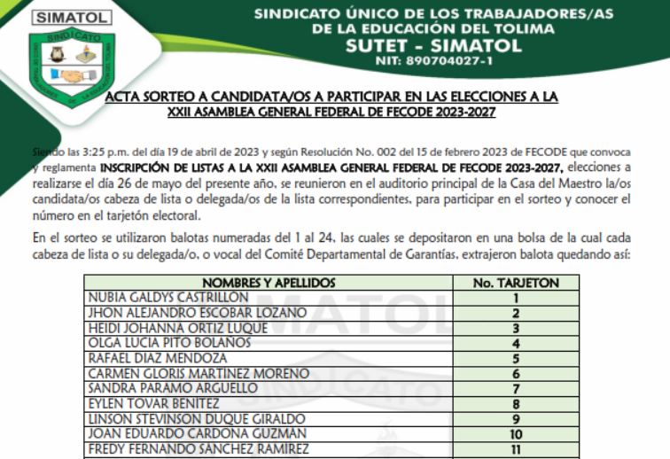 Acta sorteo a candidatos a participar en las elecciones a la XXII asamblea general federal de FECODE 2023-2027 – abril 20 del 2023
