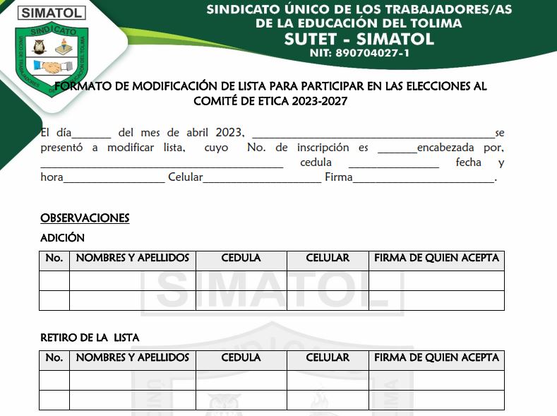 Formato de modificación de lista para participar en las elecciones al comité de ética 2023-2027