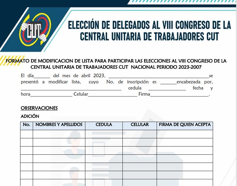 Formato de modificación de lista para participar las elecciones al VIII congreso de la central unitaria de trabajadores CUT – NACIONAL periodo 2023-2007