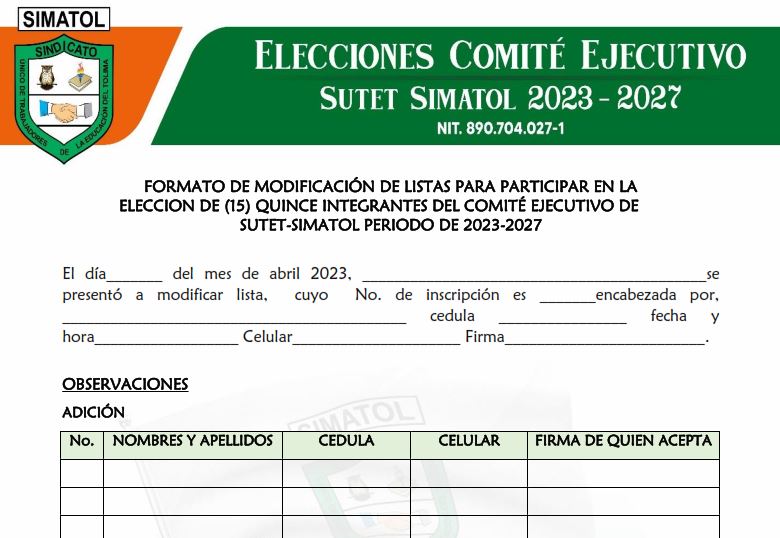 Formato de modificación de listas para participar en la elección de (15) quince integrantes del comité ejecutivo de SUTET-SIMATOL periodo de 2023-2027 – abril 17 de 2023