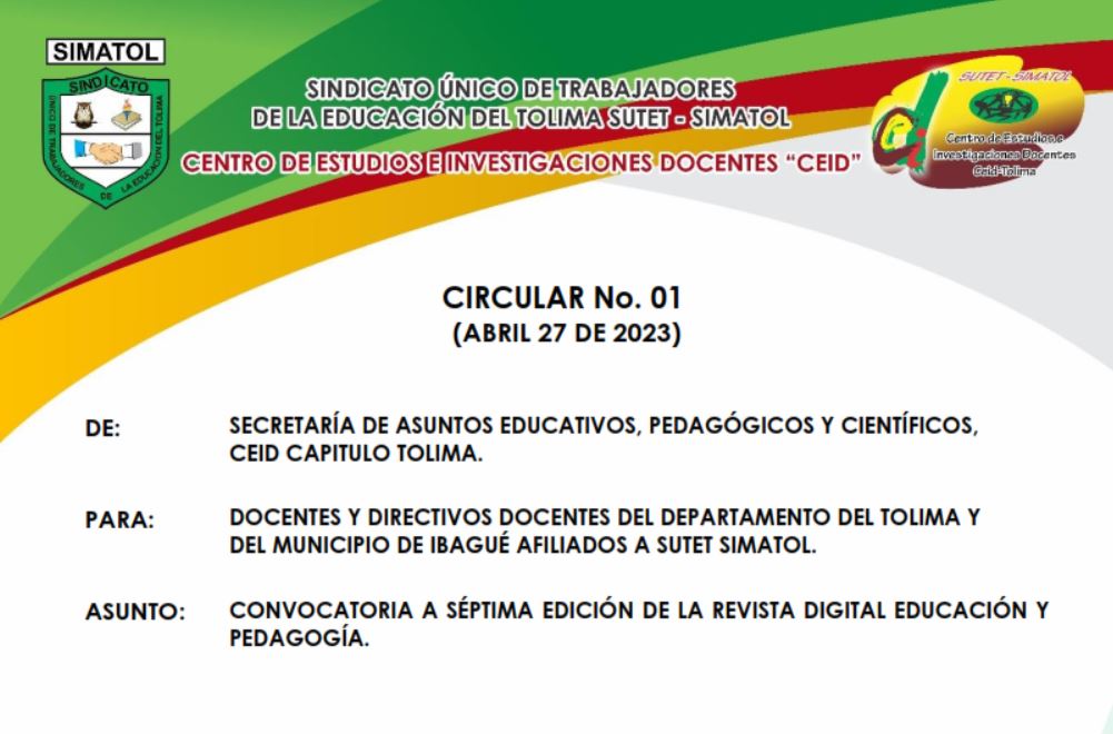 Circular No. 01 CEID Capitulo Tolima – Abril 27 del 2023 / Convocatoria a séptima edición de la revista digital educación y pedagogía.