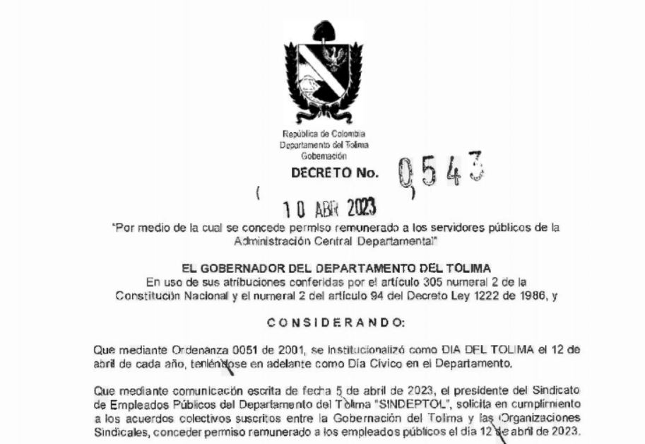 Permiso remunerado a docentes, directivos docentes y administrativos de la SEDTOLIMA, según Decreto No. 0543 de abril 10 del 2023 emitido por la gobernación del Tolima, el 12 de abril día del Tolima.