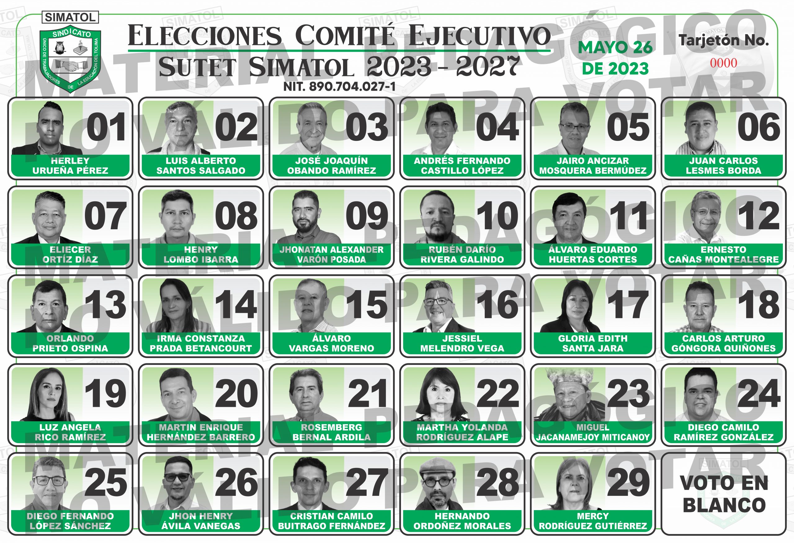 Tarjetones de uso pedagógico de como votar por los candidatos a las elecciones sindicales de SUTET-SIMATOL 2023