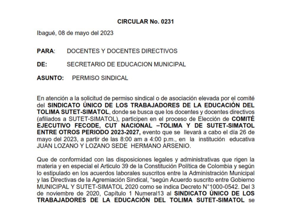 Permiso para que el Magisterio del Tolima e Ibagué participen en el proceso de las elecciones sindicales del próximo 26 de mayo de 2023.