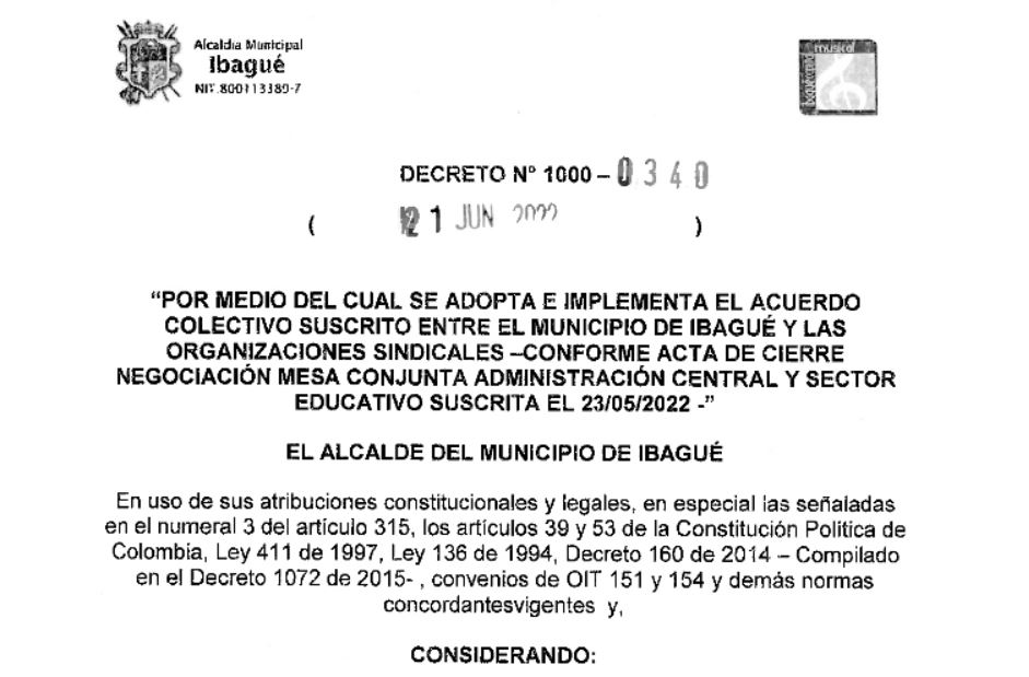 Acuerdos Municipio de Ibagué y SUTET-SIMATOL 2022