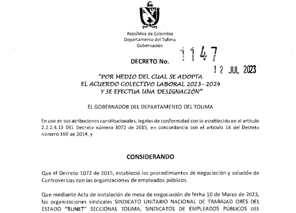 Acuerdos gobernación del Tolima y SUTET-SIMATOL 2023 Acuerdos gobernación del Tolima y SUTET-SIMATOL 2023