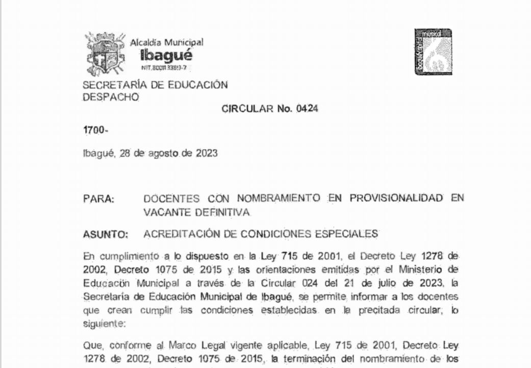 Circular 0424 de agosto 28 de 2023 – Acreditación de condiciones especiales emitida por la SEMIBAGUE – Caracterización a Docentes Provisionales que cumplen con los criterios establecidos en la circular 024 del 21 de julio de 2023 emitida por el MEN