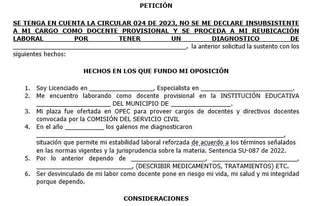 Derechos de petición solicitud de reubicación laboral Docentes provisionales según lo expuesto en la circular 024 del 21 de julio del 2023 expedida por el MEN