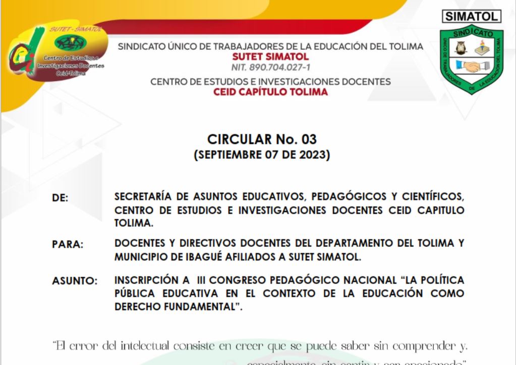 Circular No. 03 CEID Capitulo Tolima – Septiembre 7 de 2023 / Inscripción al III congreso pedagógico nacional. “La política pública educativa en el contexto de la educación como derecho fundamental”.