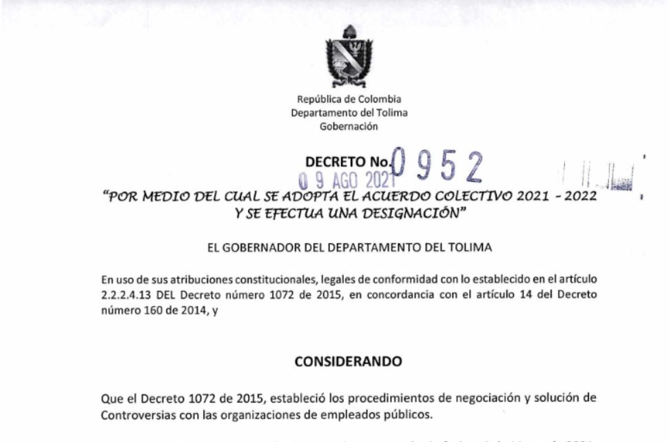 Acuerdos gobernación del Tolima y SUTET-SIMATOL 2021