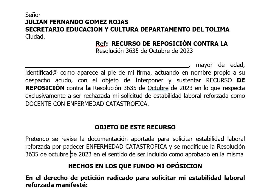 RECURSO DE REPOSICIÓN para docentes provisionales contra la Resolución 3635 de octubre 3 de 2023, emitida por la SEDTOLIMA  – octubre 9 de 2023