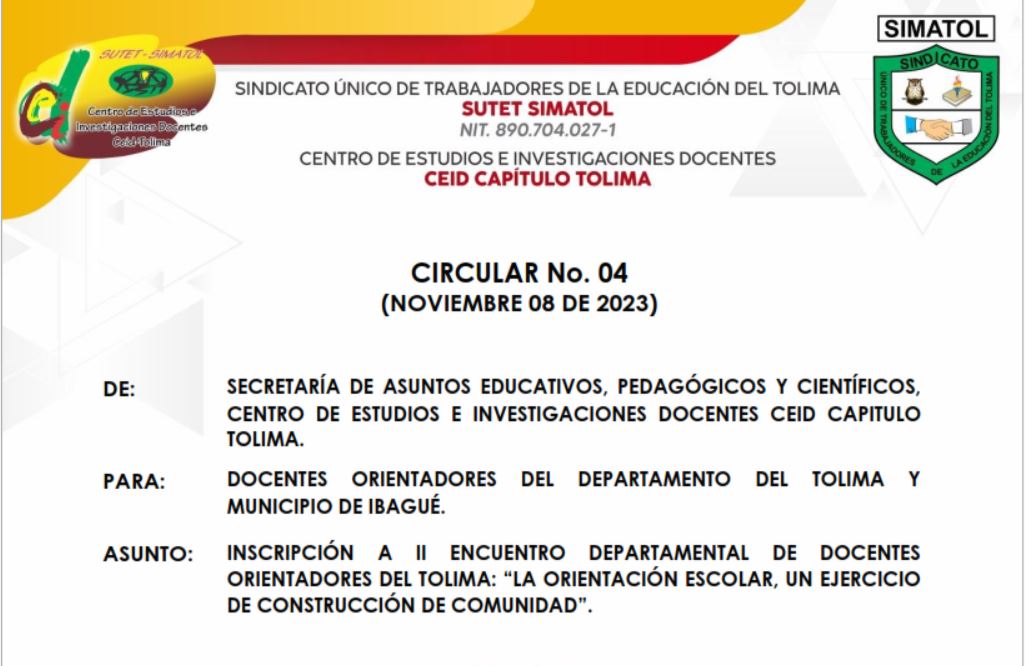 Circular No. 04 CEID Capitulo Tolima – Noviembre 8 de 2023 / Inscripción a II encuentro departamental de Docentes Orientadores del Tolima: “La orientación escolar, un ejercicio de construcción de comunidad”