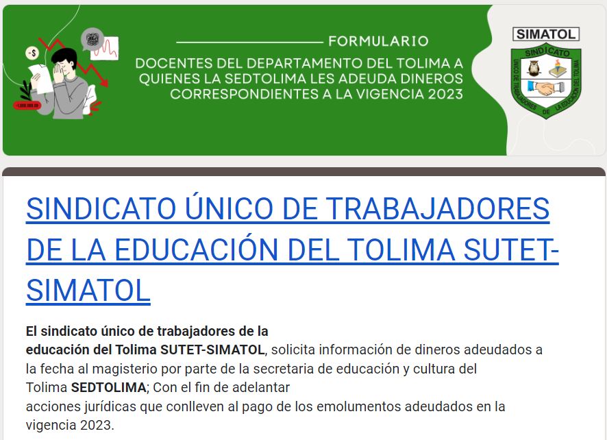 Formulario para Docentes del Departamento del Tolima y del municipio de Ibagué, a quienes la SEDTOLIMA y la SEMIBAGUE le adeuda dineros correspondientes a la vigencia 2023