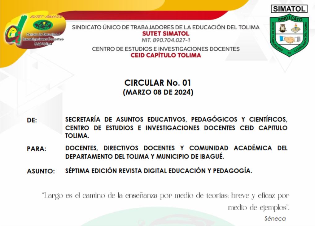 Circular No. 01 CEID Capitulo Tolima – Marzo 8 de 2024 / Séptima edición revista digital educación y pedagogía.