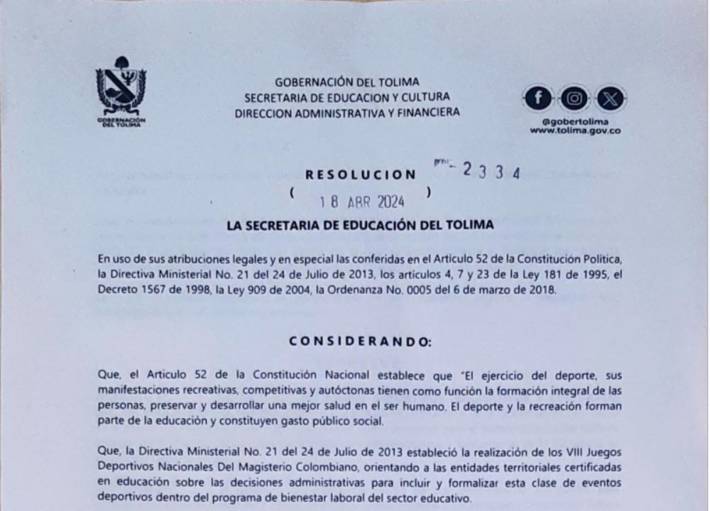 Resolución No. 2334 de abril 18 de 2024, emitida por la SEDTOLIMA – Implementación de los juegos deportivos, recreativos y culturales del sector de la educativo del Tolima.