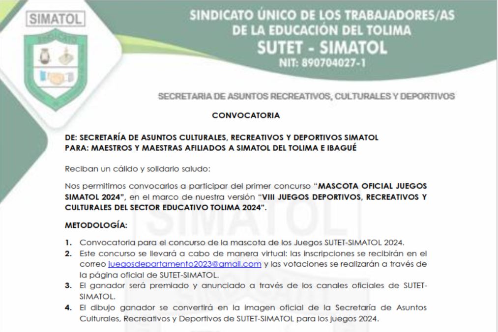 Convocatoria, concurso “Diseño de la mascota oficial de los juegos recreativos deportivos y culturales del sector educativo 2024”