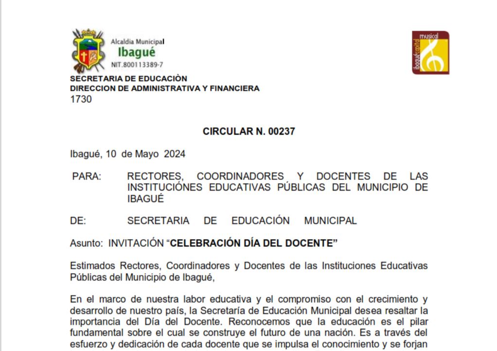 Circular No. 00237 de la Secretaria de Educación del Municipio de Ibagué #SemIbagué, Invitación “Celebración día del Docente” – Mayo 10 de 2024