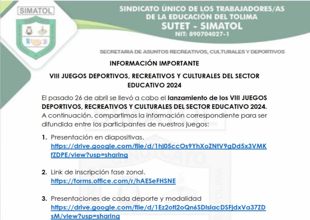 Información importante, VIII juegos recreativos deportivos y culturales del sector educativo 2024 del departamento del Tolima