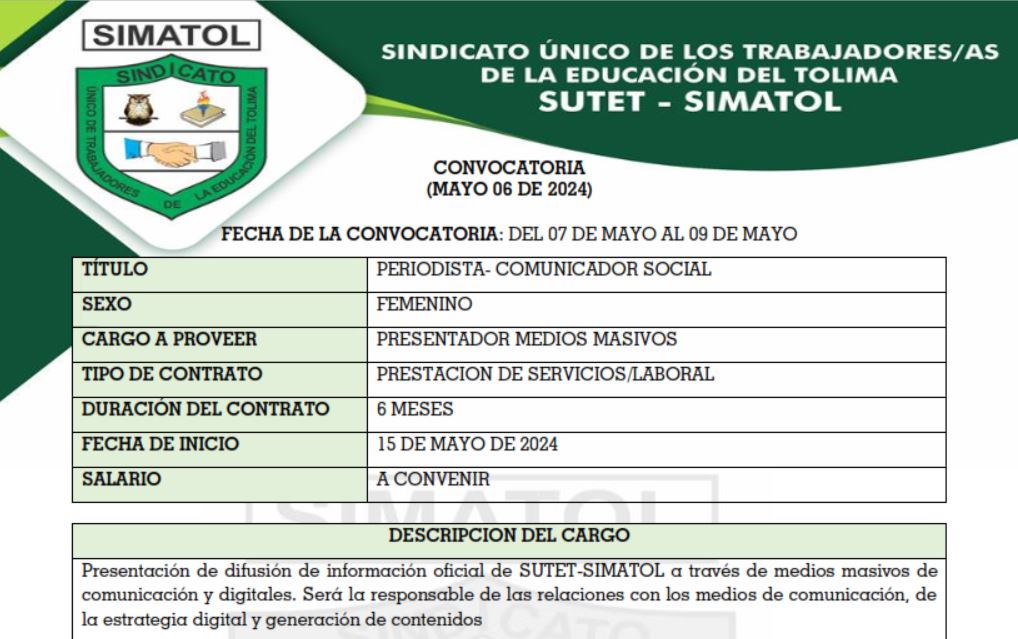 Convocatoria de contratación de Periodista – Comunicadora Social para #SutetSimatol – Mayo 6 de 2024