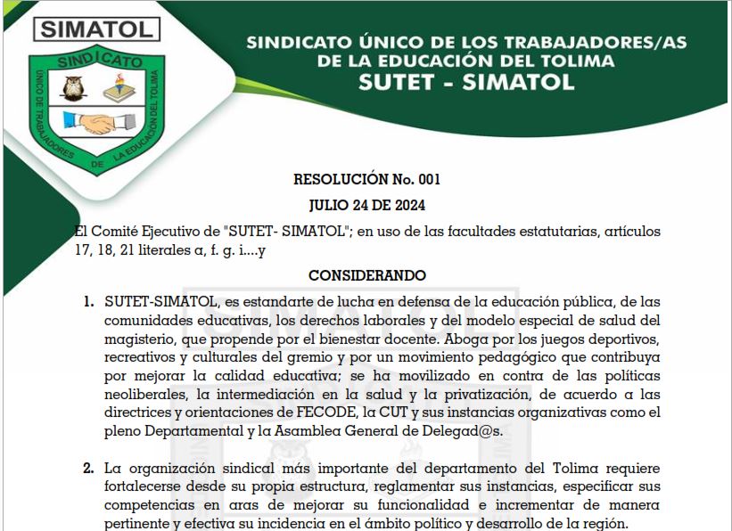 Resolución No. 01 de julio 24 de 2024 – Convocatoria a los delegados electos a continuar la XLIII ASAMBLEA GENERAL DE DELEGADOS para los días 29 y 30 de agosto de 2024