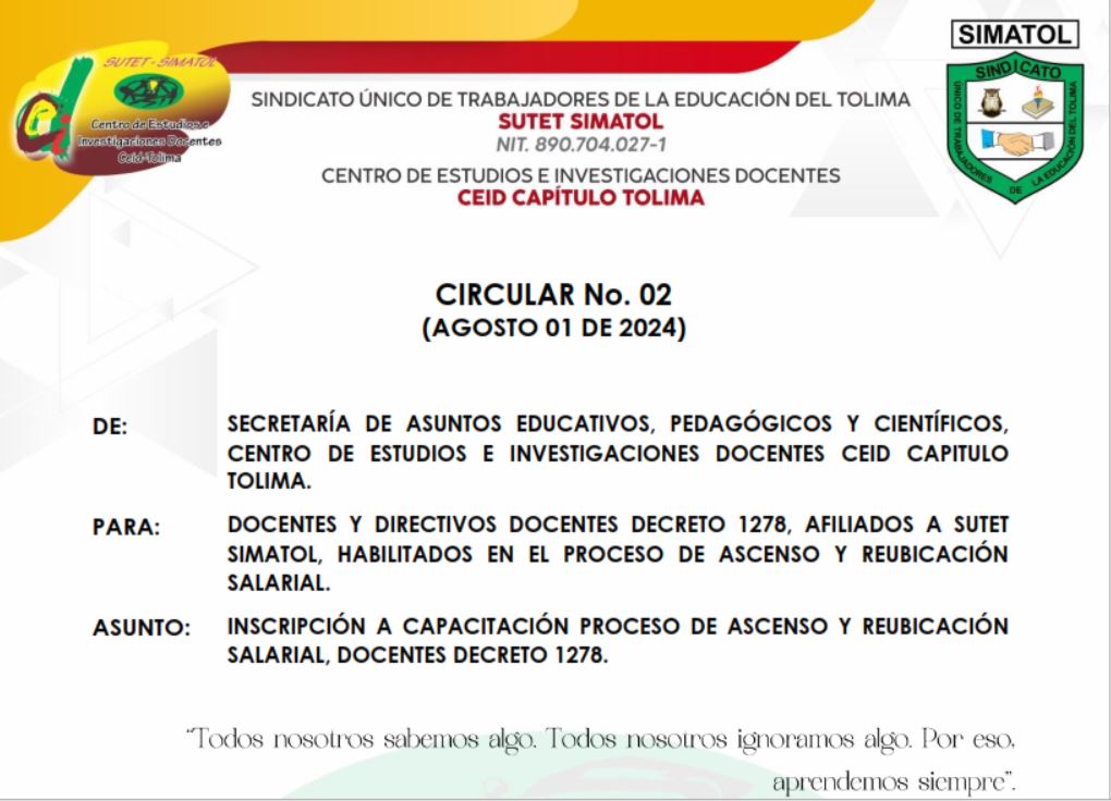 Circular No. 02 CEID Capitulo Tolima – Agosto 1 de 2024 Inscripción a capacitación proceso de ascenso y reubicación salarial, docentes decreto 1278