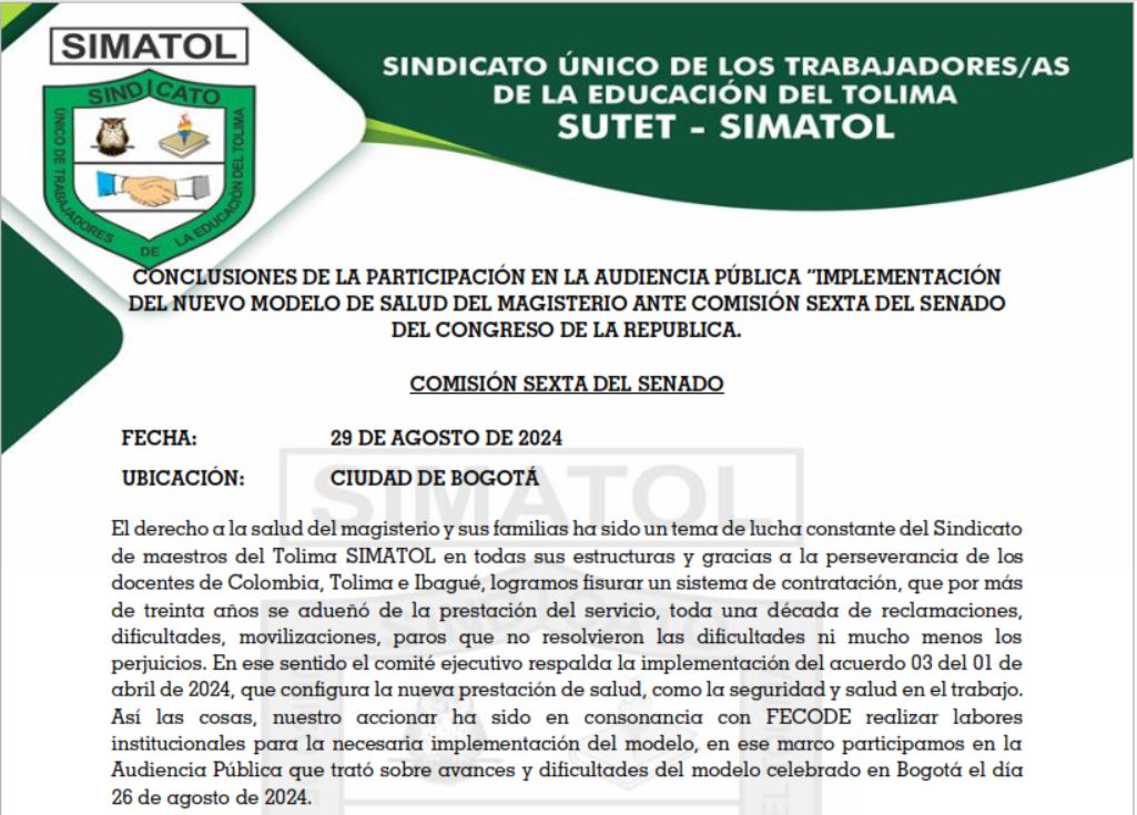 Conclusiones de la participación en la audiencia pública “implementación del nuevo modelo de salud del magisterio ante comisión sexta del senado del Congreso de la República.