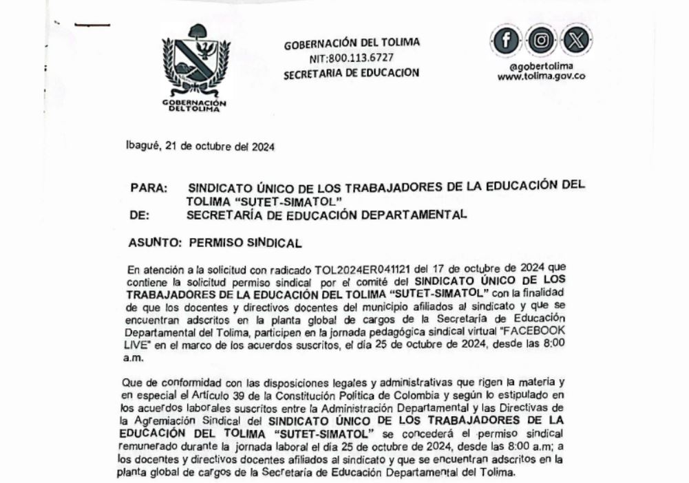 Permiso de la secretaria de educación del Tolima a los afiliados a la organización sindical SUTET-SIMATOL para participar en la jornada pedagógica sindical virtual el día 25 de octubre de 2024.