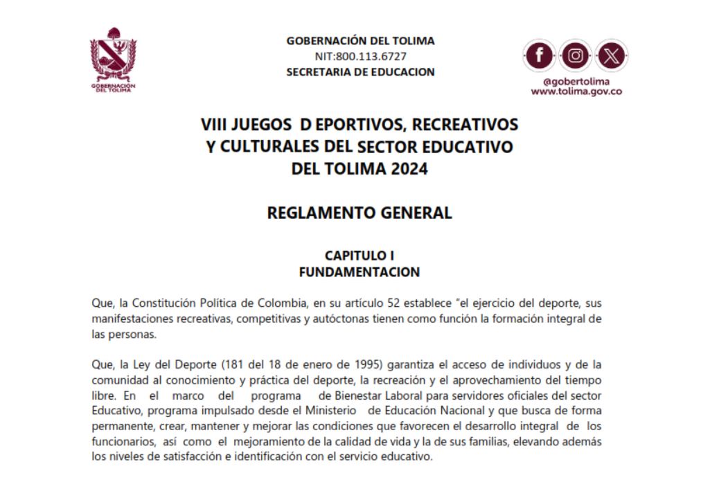 Reglamento general VIII juegos deportivos, recreativos y culturales del sector educativo del Tolima 2024