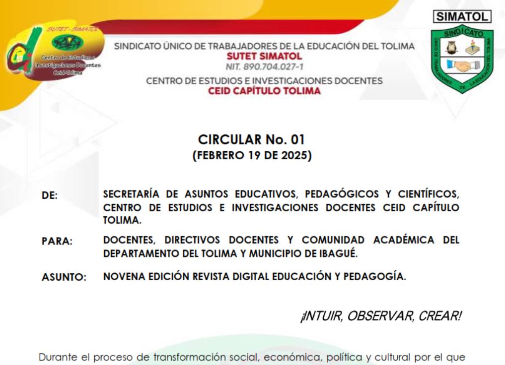 Circular No. 01 CEID Capitulo Tolima – Febrero 19 de 2025 / Convocatoria para participar en la Novena edición Revista Digital Educación y Pedagogía de SUTET-SIMATOL