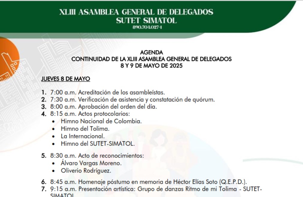 Agenda continuidad de la XLIII asamblea general de delegados 8 y 9 de mayo de 2025
