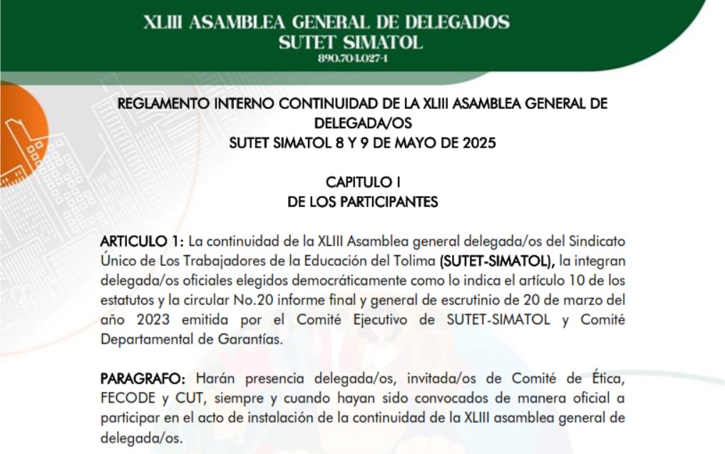 Reglamento interno continuidad de la XLIII asamblea general de delegada/os SUTET -SIMATOL 8 y 9 de mayo de 2025