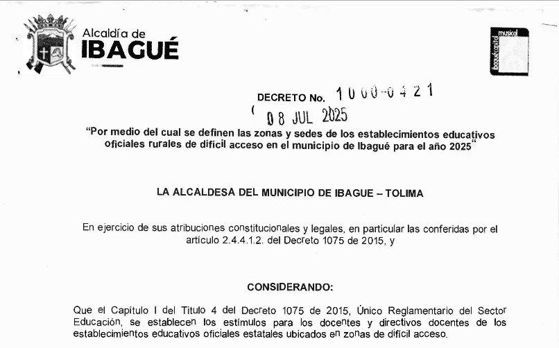 Decreto No. 0421 del 8 de Julio de 2025 – Por medio del cual se definen las zonas y sedes de los establecimientos educativos oficiales rurales de difícil acceso en el municipio de Ibagué para el año 2025.