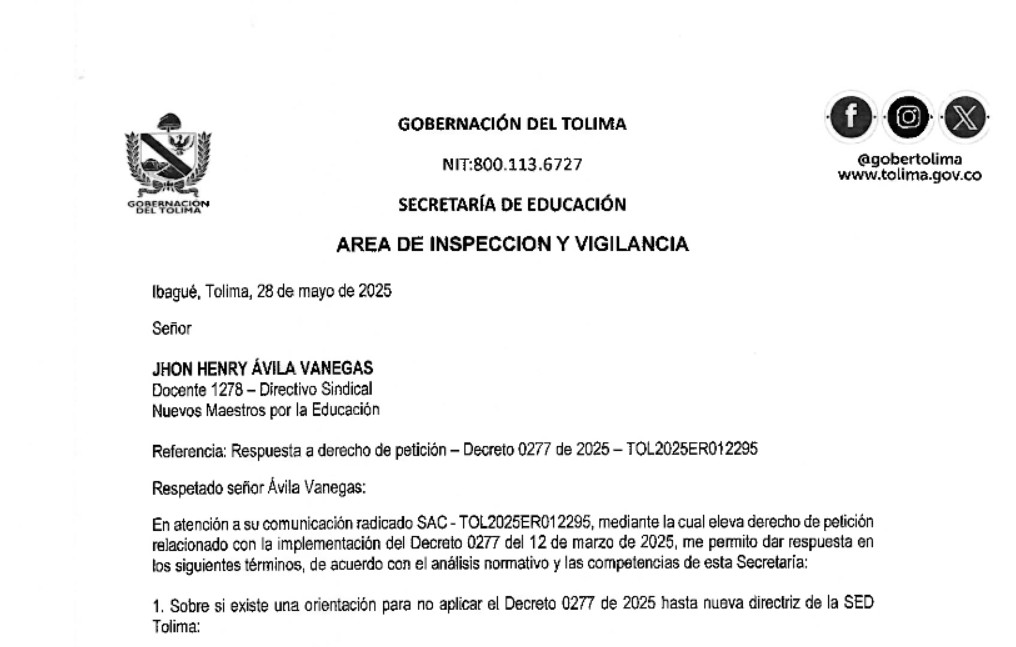 Respuesta a derecho de petición frente a la implementación en las instituciones educativas del departamento del Tolima del decreto 0277 del 12 marzo de 2025.