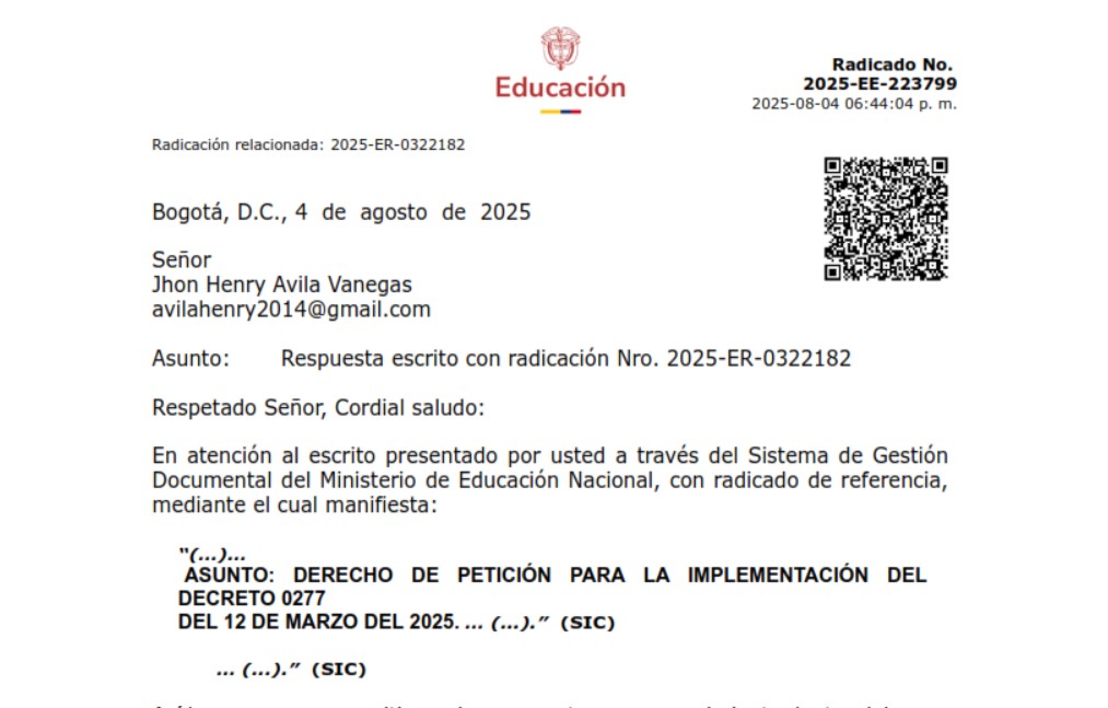 Respuesta a derecho de petición por el Ministerio de Educación Nacional frente a la implementación del decreto 0277 marzo 12 de 2025.