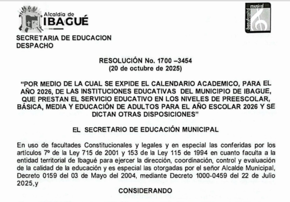 Resolución No. 1700 -3454 octubre 20 de 2025 SEMIBAGUE – Calendario Académico 2026 Municipio de Ibagué Resolución No. 1700 -3454 octubre 20 de 2025 SEMIBAGUE – Calendario Académico 2026 Municipio de Ibagué