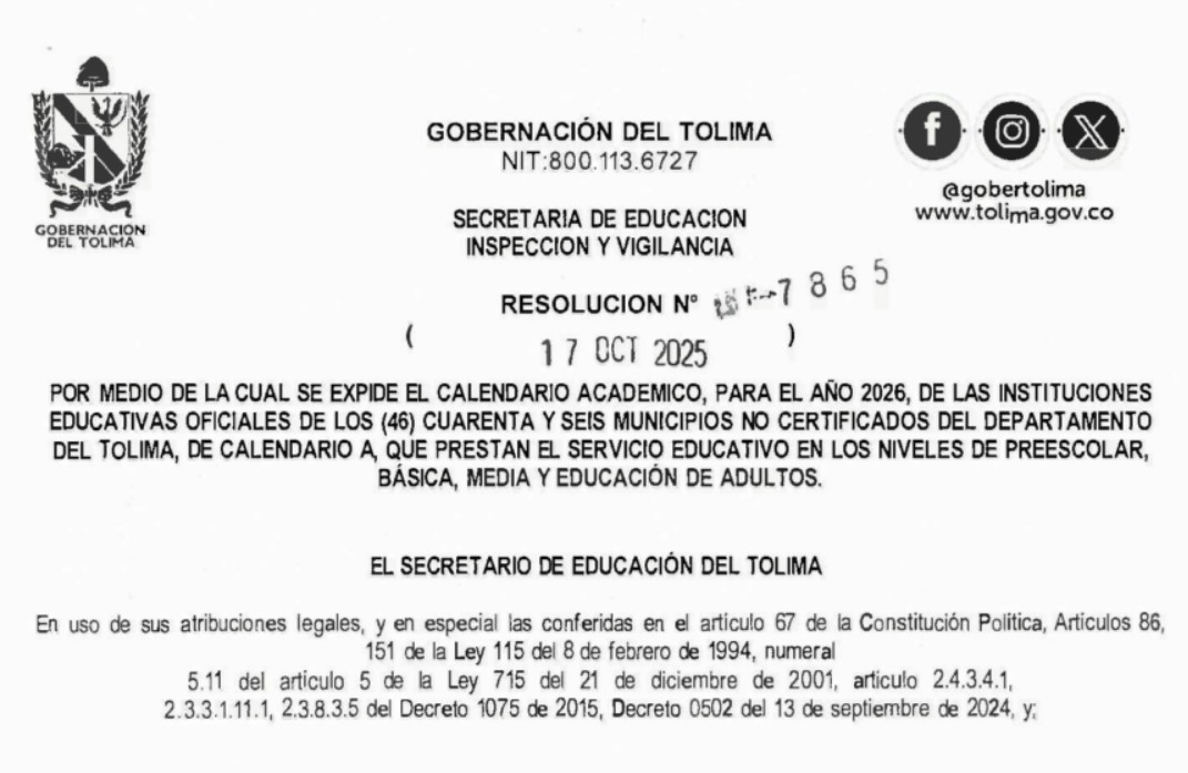 Resolución 7865 de Octubre 17 de 2025 SedTolima – Calendario Académico 2026 Departamento del Tolima Resolución 7865 de Octubre 17 de 2025 SedTolima – Calendario Académico 2026 Departamento del Tolima