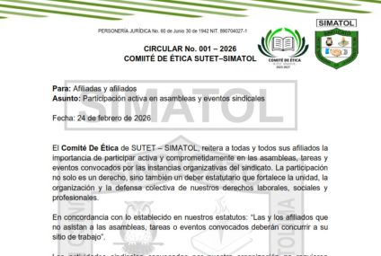 Circular No. 01 del Comité de Ética de SUTET-SIMATOL, Febrero 24 de 2026