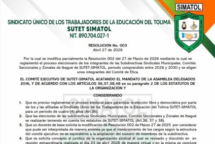 Resolución No. 003 de Abril 27 de 2026 – Por la cual se modifica parcialmente la Resolución 002 del 27 de Marzo de 2026.