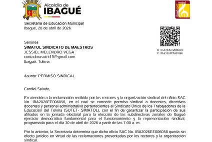 Comité Ejecutivo de SUTET-SIMATOL garantiza el derecho al permiso sindical: Secretaría de Educación de Ibagué elimina párrafo que generaba incertidumbre para la participación de las elecciones sindicales del 30 de abril