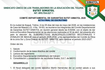Acta final de escrutinio, elecciones subdirectivas sindicales y zonales de SUTET-SIMATOL, Mayo 12 de 2026