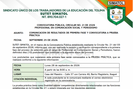 Resultados de la primera fase y convocatoria a prueba práctica – Convocatoria Pública, Circular No. 21 de 2026 – Profesional en Comunicación Social y Periodismo, Sept. 25 de 2026 Resultados de la primera fase y convocatoria a prueba práctica – Convocatoria Pública, Circular No. 21 de 2026 – Profesional en Comunicación Social y Periodismo, Sept. 25 de 2026